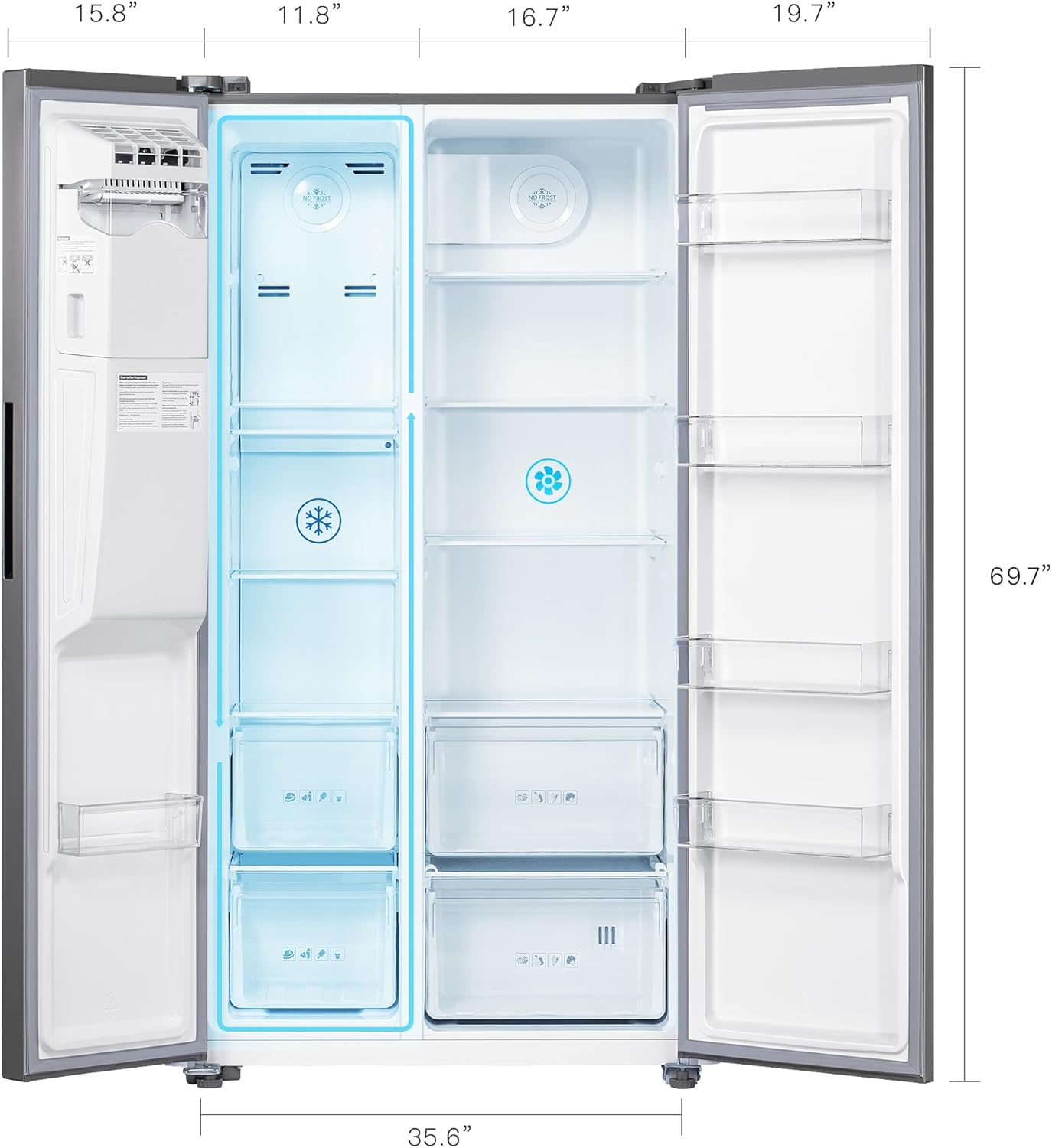 Freestanding Side-by-Side Refrigerator with 18.1 Cu. Ft Capacity, Built-In Ice Maker & Water Dispensers