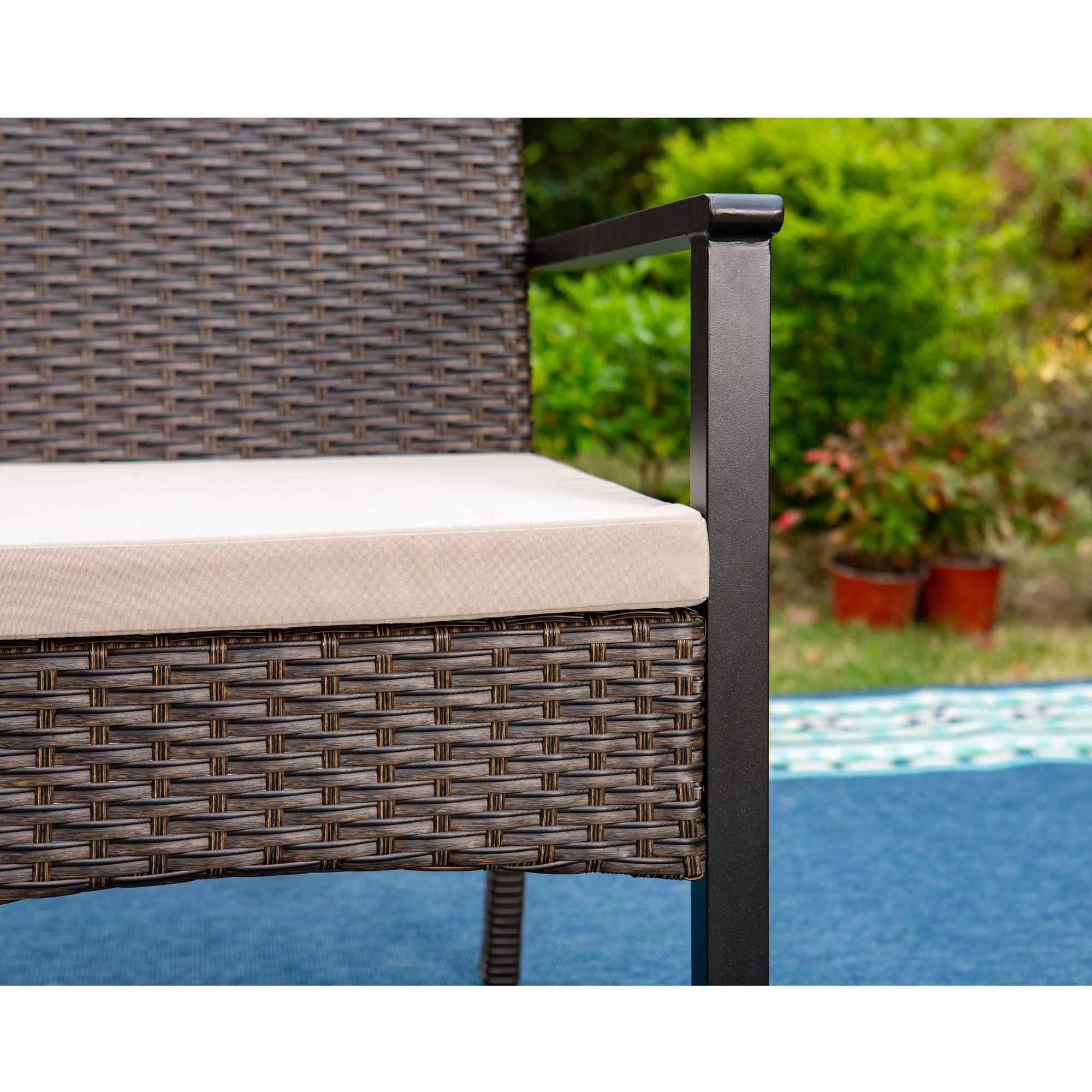Summit Living 9-Piece Outdoor Dining Set with Wood Grain Table & Wicker Cushioned Chairs for 8-Person, Black & Beige