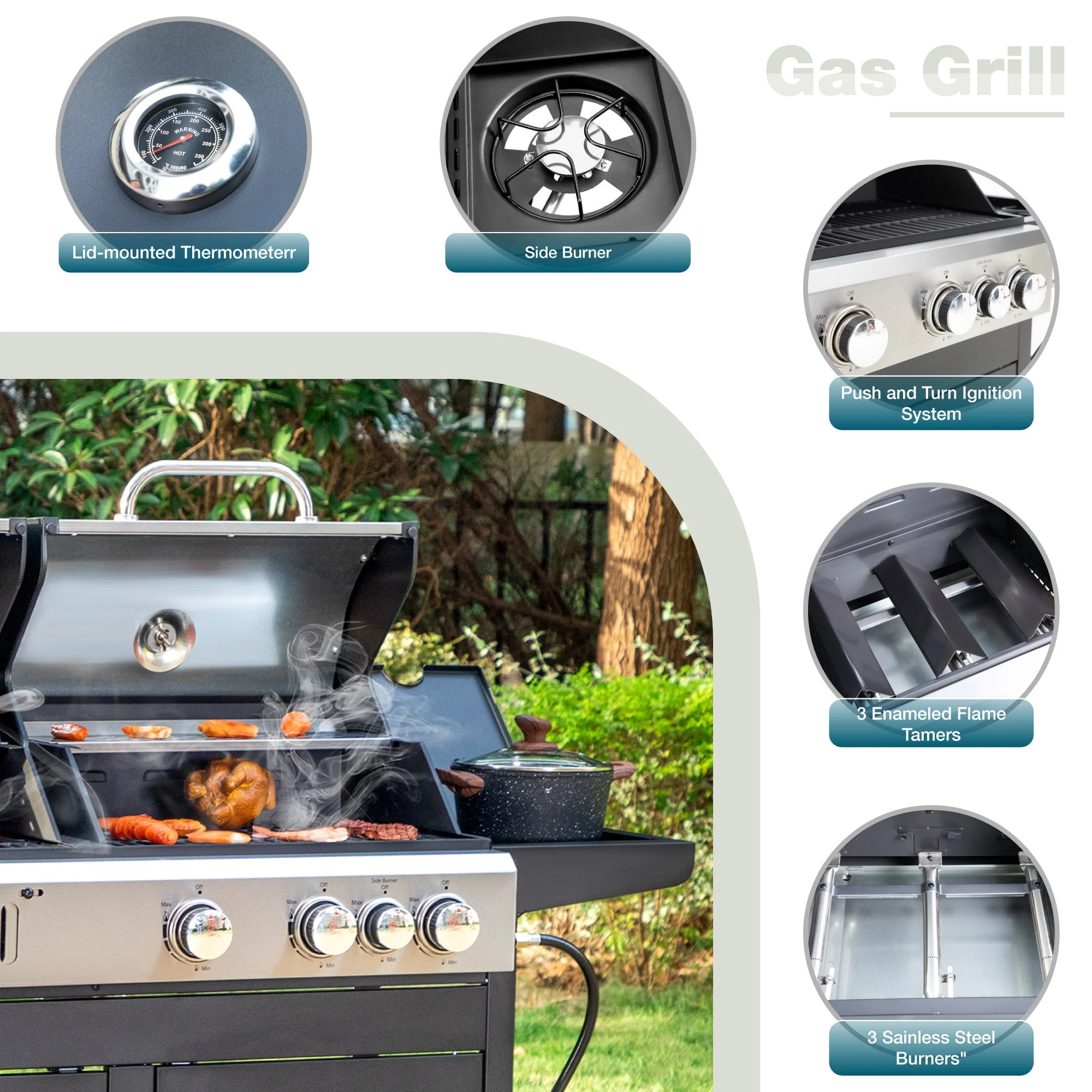 Alpha Joy Dual Fuel Gas and Charcoal Grill Combo with Side Burner