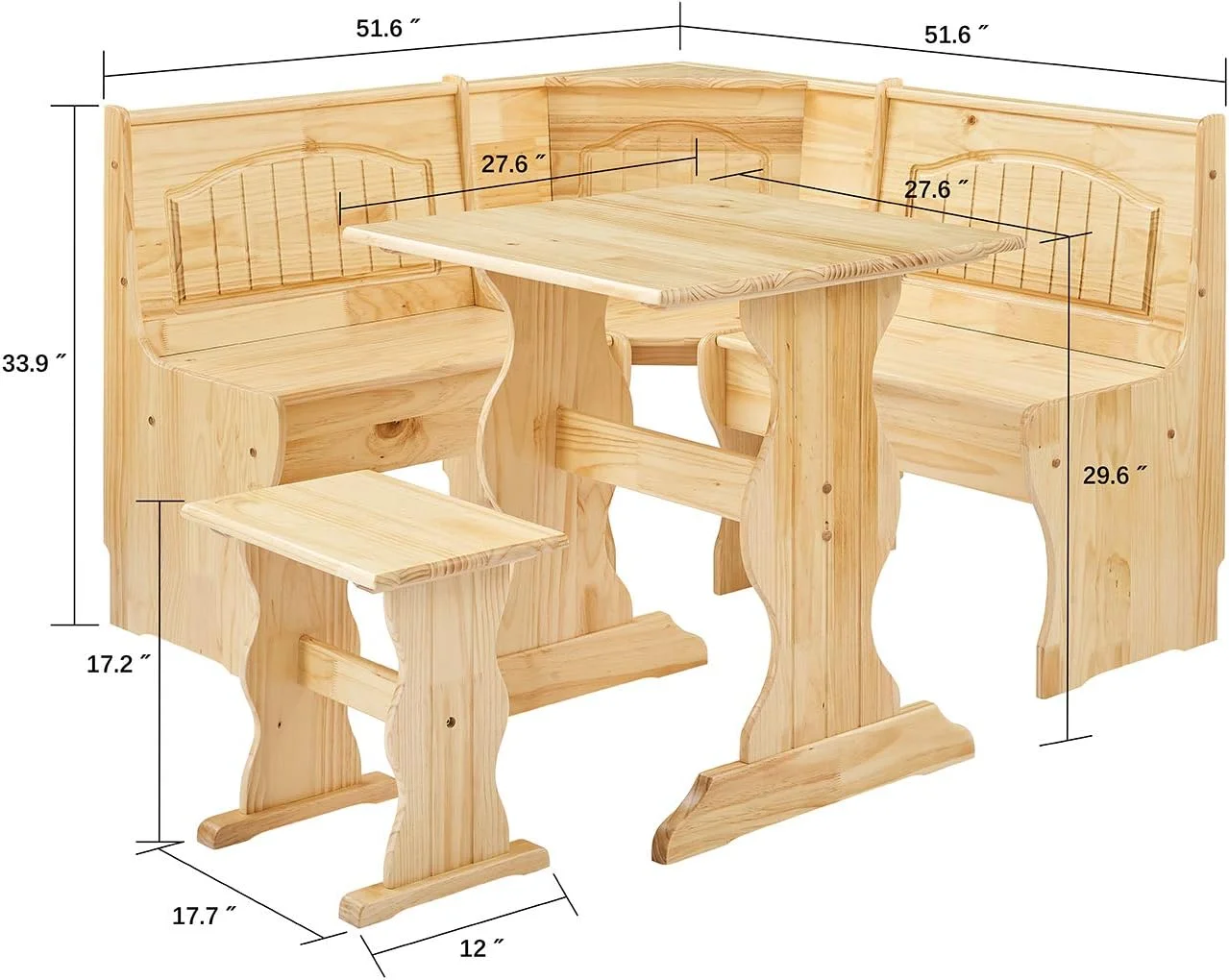 Traditional 3 Piece Solid Wood Breakfast Nook Dining Table Set With Side Bench, Hidden Storage Nook Table Set For Small Space