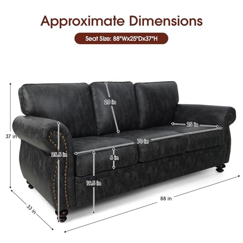 Mid-Century Vintage Sofa Couches with Rivet Design,3-Seater Sofa,Removable Sofa Cover Upholstered Cushions and Solid Wood Frame (Brown, 3-Seater)