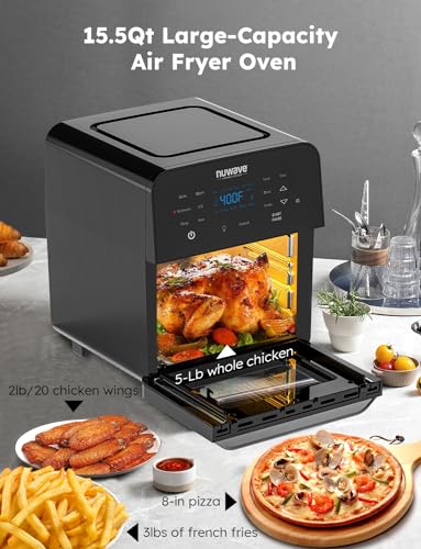 Nuwave Brio 15.5Qt Air Fryer Rotisserie Oven, X-Large Family Size, Powerful 1800W, 4 Rack Positions, 50°-425°F Temp Controls, 100 Presets & 50 Memory