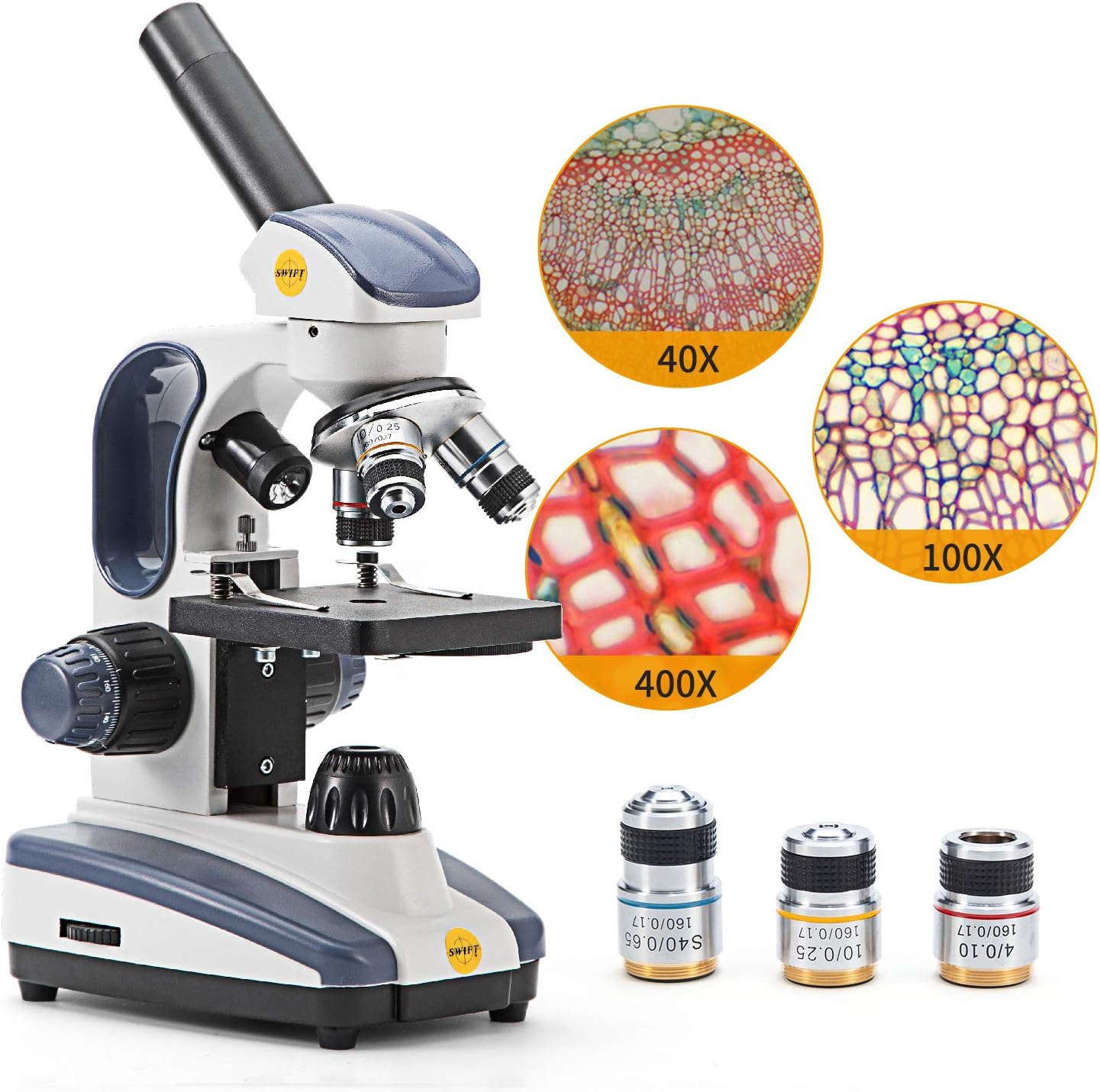 Swift Compound Monocular Microscope SW200DL with 40X-1000X Magnification, Dual Light, Precision Fine Focus