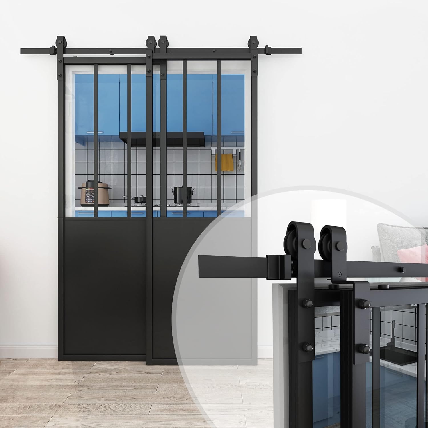 JUBEST Double Barn Door 60 x 84 in with 6.6FT Hardware Kit, 2 Sets of 30x84 in Clear Tempered Glass Aluminum Frame Barn Door,Pocket Interior Door