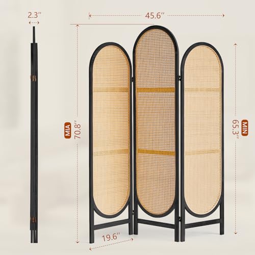 3 Panel Room Dividers and Folding Privacy Screens, Hand-Made Rattan Room Divider with Bi-Directional Hinge