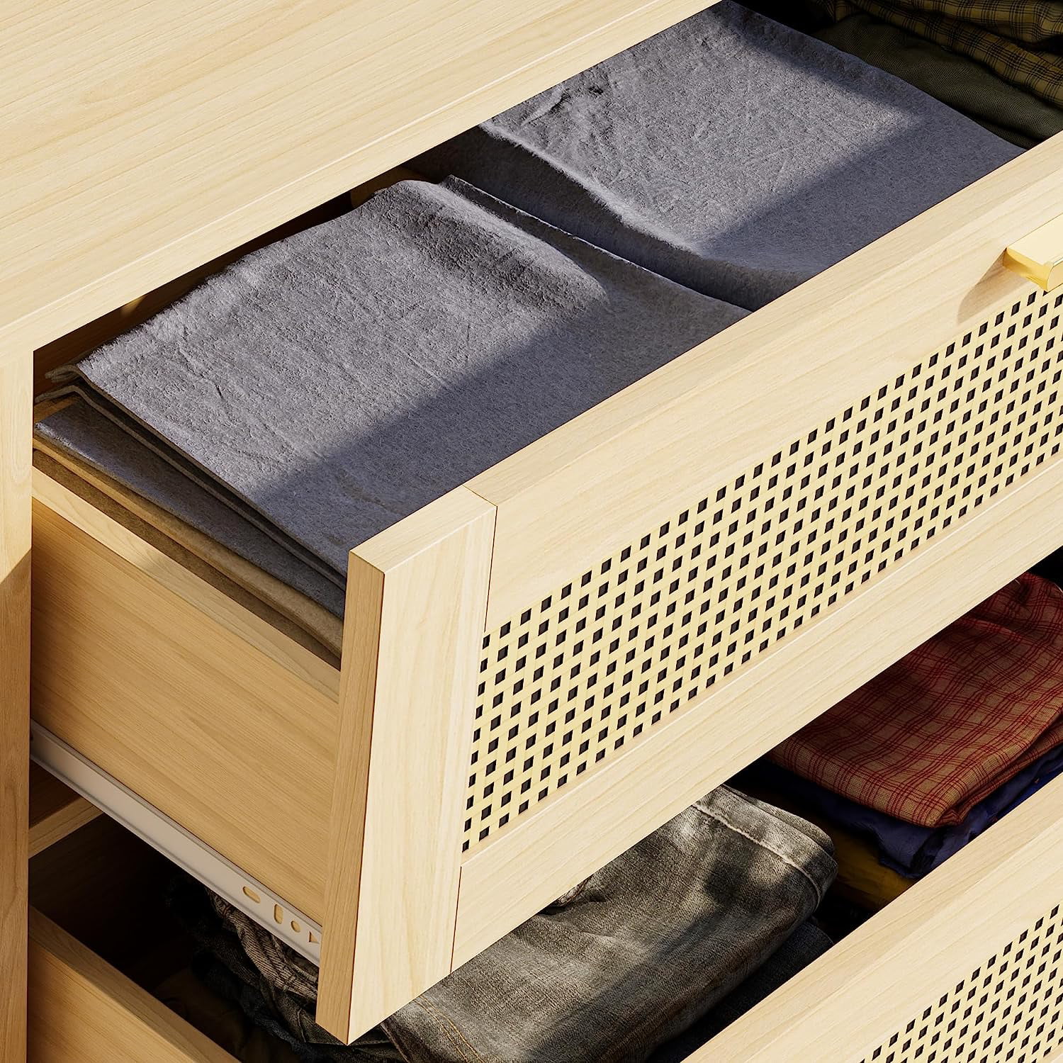 Cozy Castle Rattan 5 Drawer Dresser for Bedroom, Modern Boho Dresser for Bedroom, Wooden Chest of Drawers with Metal Handles, Oak