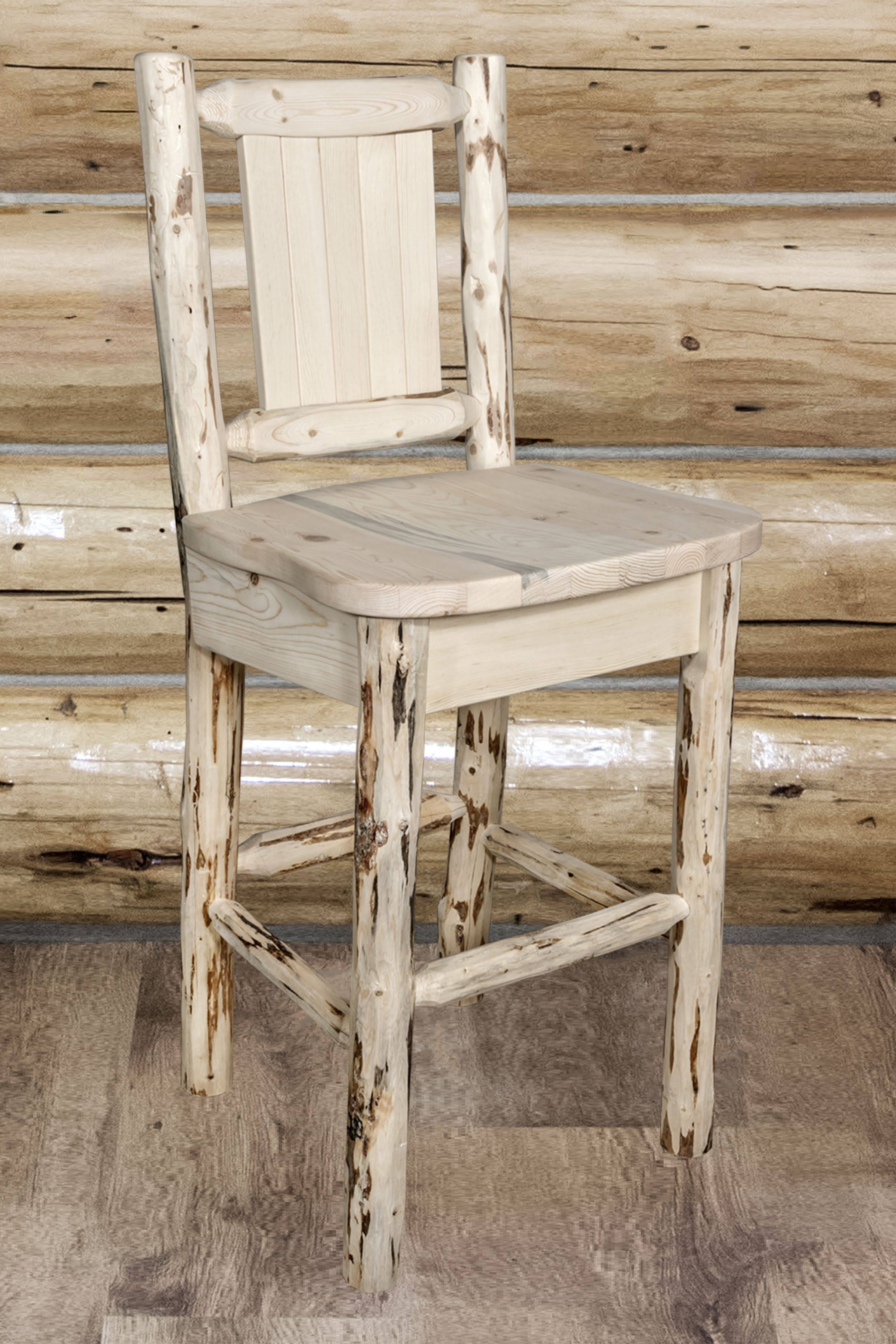 Montana Woodworks MWBSWNRV24LZBEAR Counter Height Back Barstool with Laser Engraved Bear Design Clear Lacquer Finish