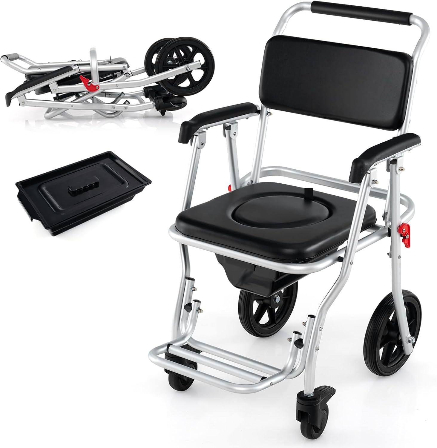 Giantex Bedside Commode Wheelchair for Toilet - Foldable Shower Chair with Arms, Lockable Casters, Detachable Bucket, Transport Wheelchair
