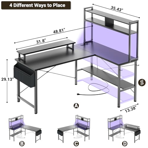 Aheaplus L Shaped Gaming Desk with Power Outlets & LED Lights, Small L- Shaped Desk Computer Corner Desk with Monitor Stand & Storage Shelf