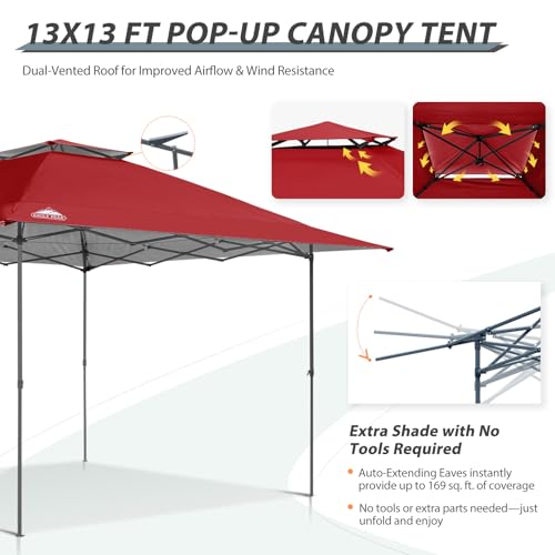 EAGLE PEAK 13x13 Straight Leg Pop Up Canopy Tent Instant Outdoor Canopy Easy Single Person Set up Folding Shelter w/Auto Extending Eaves 169 Square