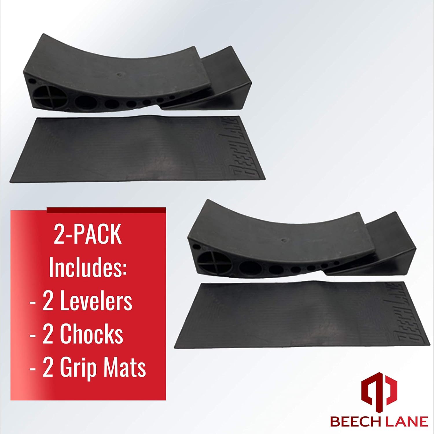 Beech Lane Camper Leveler 2 Pack with Carrying Bag - Precise Camper Leveling, Includes Two Curved Levelers, Two Chocks, Two Rubber Grip Mats