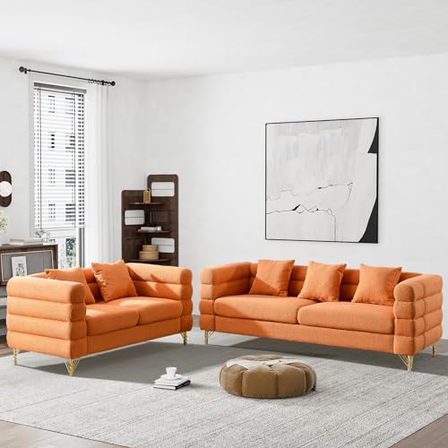 Living Room Sofa and Loveseat Set, Modern Overstuffed Boucle Sherpa Deep Seat Cloud Couch with 5 Pillows