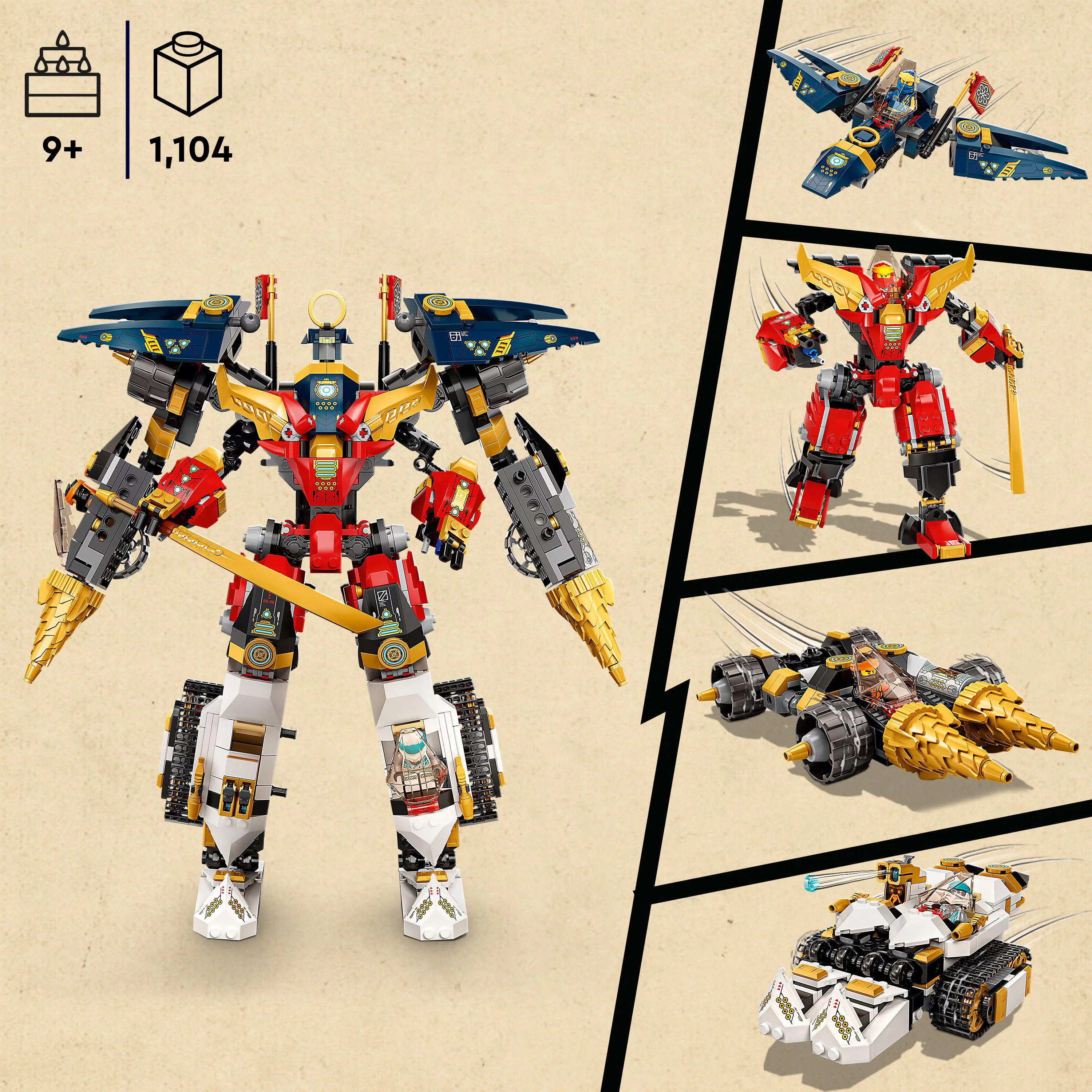 LEGO NINJAGO Ninja Ultra Combo Mech 4 in 1 Set 71765 with Toy Car, Jet Plane and Tank Toys plus 7 Minifigures - Radiant Selections