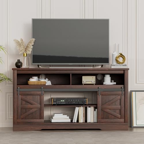 YESHOMY Farmhouse TV Stand for Televisions up to 65 Inches, Sliding Barn Doors and Storage Cabinets