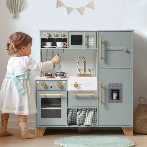ROBUD Play Kitchen Set, Wooden Play Kitchen with Ice Maker, Fridge, Coffee Machine, Oven, Dishwasher, Microwave, Kitchen Accessories