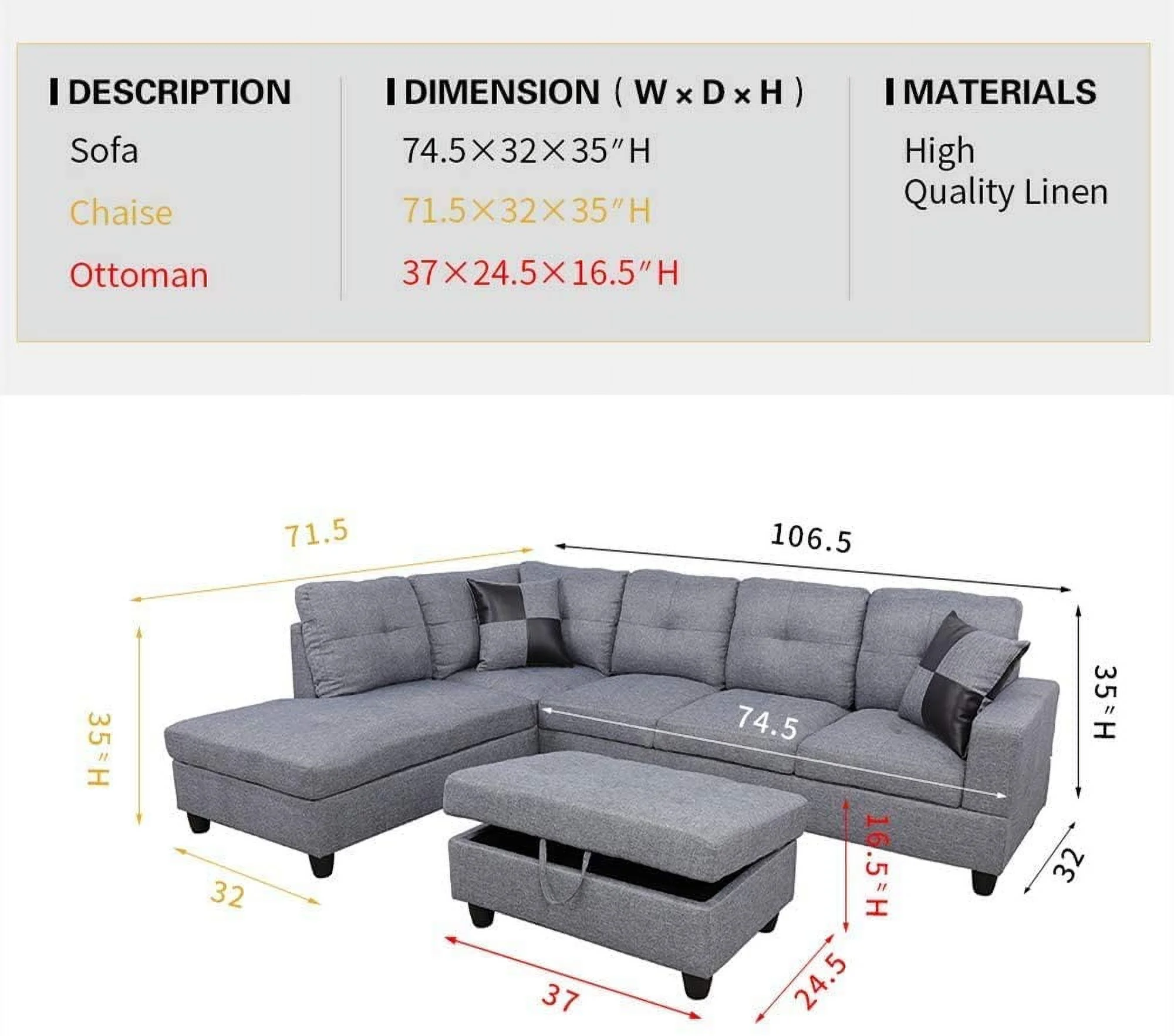 PonLiving 3-PCPiece Sectional Sofa Couch Set, L-Shaped Modern Sofa with Chaise Storage Ottoman and Pillows for Living Room Furniture