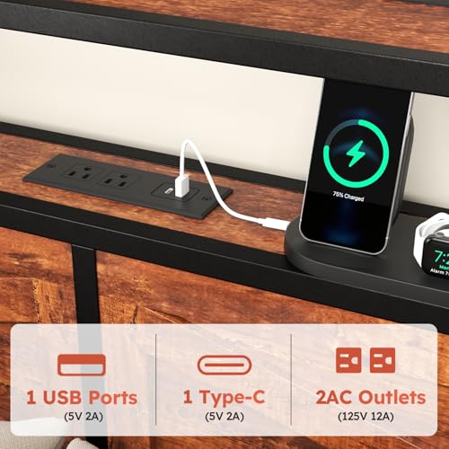 Full Size Bed Frame with Headboard, LED Platform Bed with 4 Storage Drawers, Built in Charging Station, Noise-Free, Metal Support Base