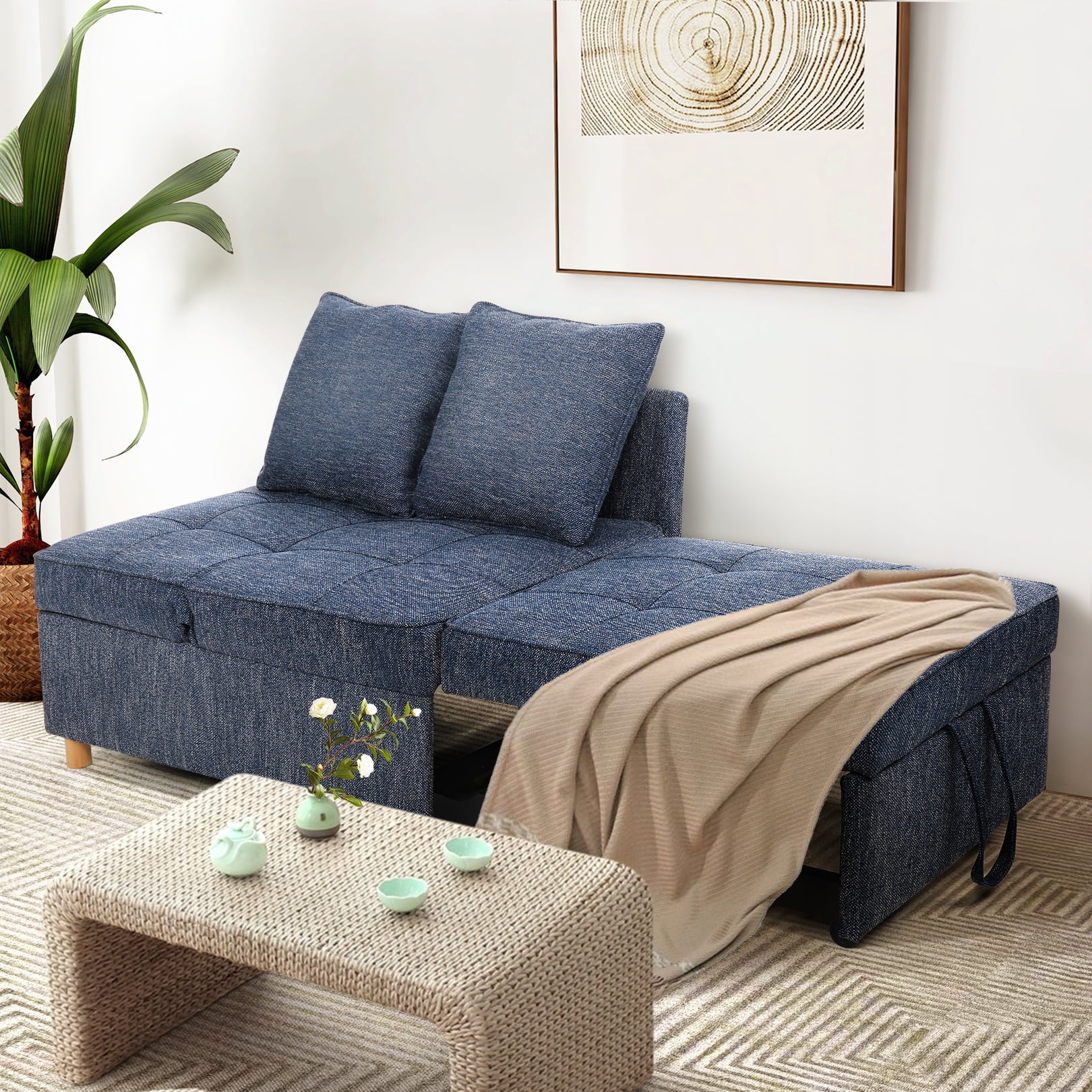 Linen Sofa Beds Chair, 4 in 1 Convertible Chair Sleeper Bed with 5 Adjustable Backrest and 2 Pillows, Blue