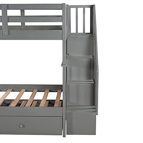 Harper & Bright Designs Twin Over Twin Bunk Bed with Stairs and Trundle, Solid Wood Stairway Bunk Bed Frame with Storage