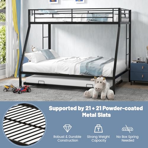 KOMFOTT Twin Over Full Bunk Bed with Trundle, Heavy-Duty Metal Bunk Bed Frame with Guardrail & 2 Ladders, Space-Saving Bunk Bed for Kids/Teens/Adults