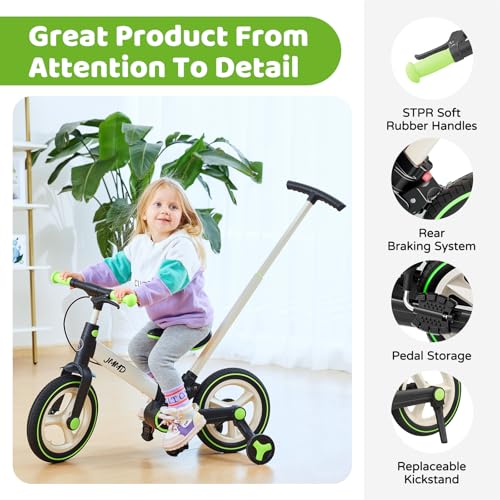 JMMD Toddler Bike with Push Handle for Kids 18-60 Months, 6 in 1 Foldable Push Bike with Training Wheels, Pedals, Brakes, Kickstand