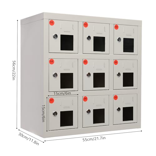Cell Phone Locker 9 Bays Cell Mobile Phone Steel Locker with Charger Charging Station Cabinet and Key Lock for Classroom and Employees