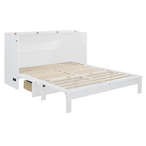 Harper & Bright Designs Queen Size Murphy Bed Cabinet Wall Bed Chest with USB, Charging Station and Large Storage Drawer for Home Office (White)