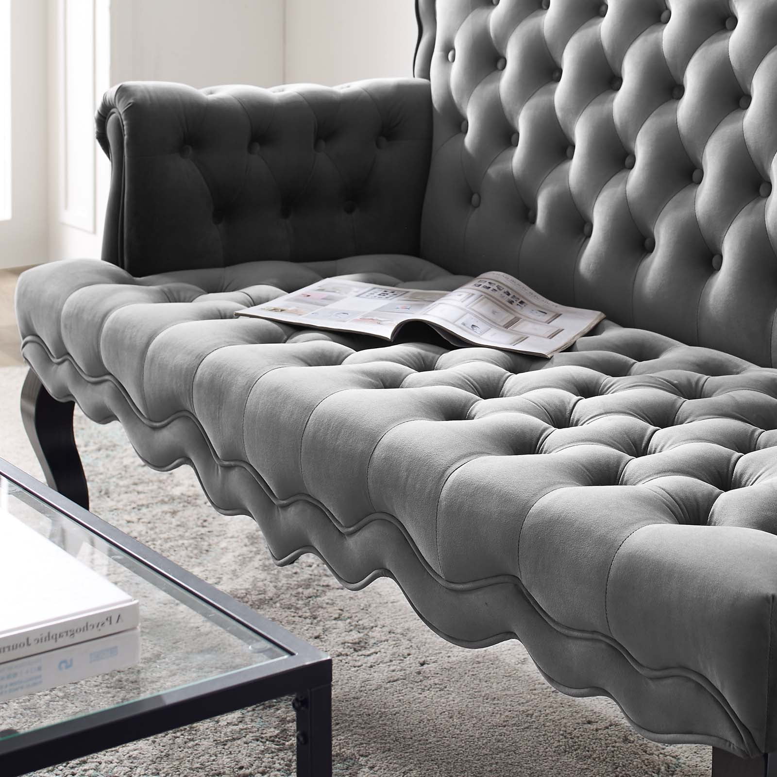 Contemporary Modern Urban Designer Living Room Lounge Club Lobby Loveseat Settee Sofa, Velvet Fabric, Grey Gray