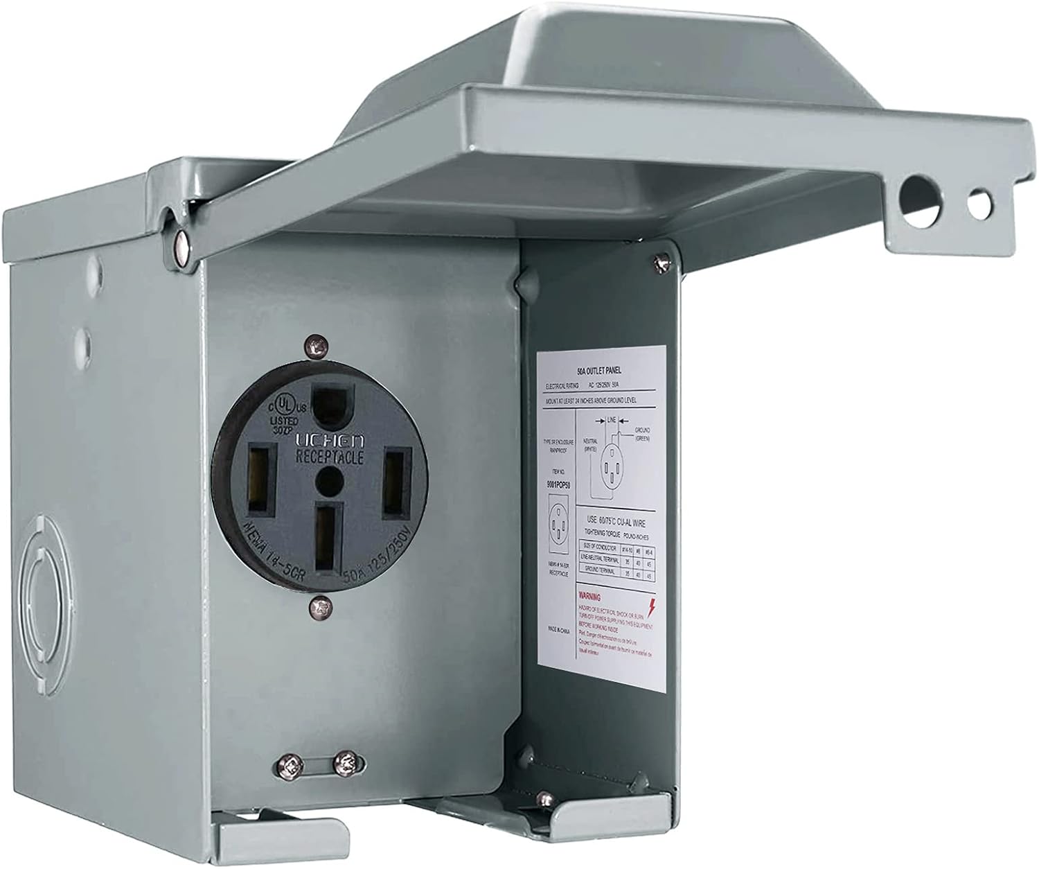 50 Amp 125/250 Volt RV Power Outlet Box, Enclosed Lockable Weatherproof NEMA 14-50R Outdoor Electrical Receptacle Panel