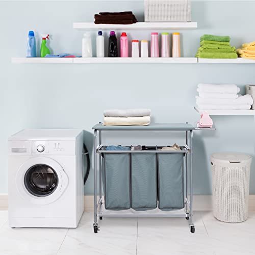 ALIMORDEN Laundry Sorter with Ironing Board Iron Rack Rolling Laundry Basket with Side pull 3-Bag Heavy-Duty Laundry Room Organizer Clothes Hamper