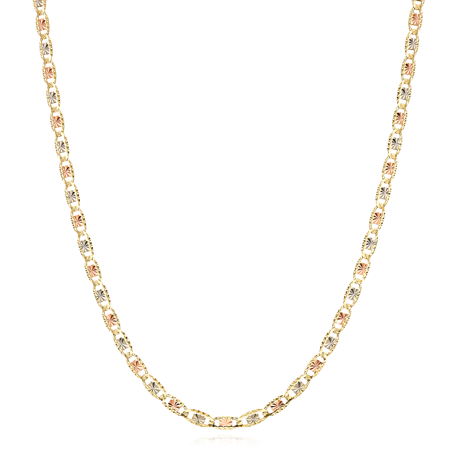 Solid 14K Gold Tri-Color 4mm Diamond-Cut Valentino Chain Necklace 18"-24"