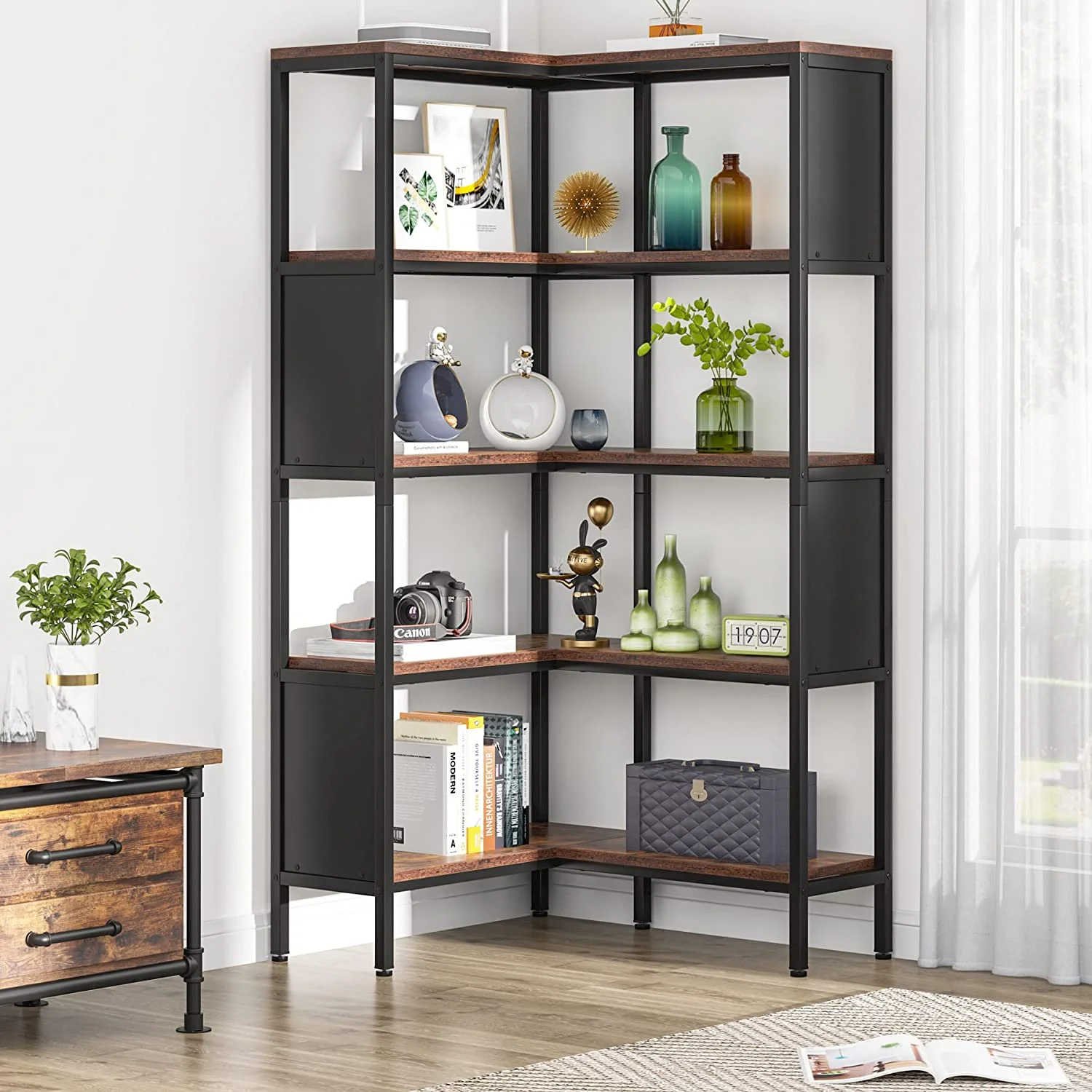 KHBIULIFE 5- Corner Bookshelf  Industrial 5-Tier L-Shaped Bookcase with Safety Baffles  Large Corner Book Shelves  Display Rack for Home Office