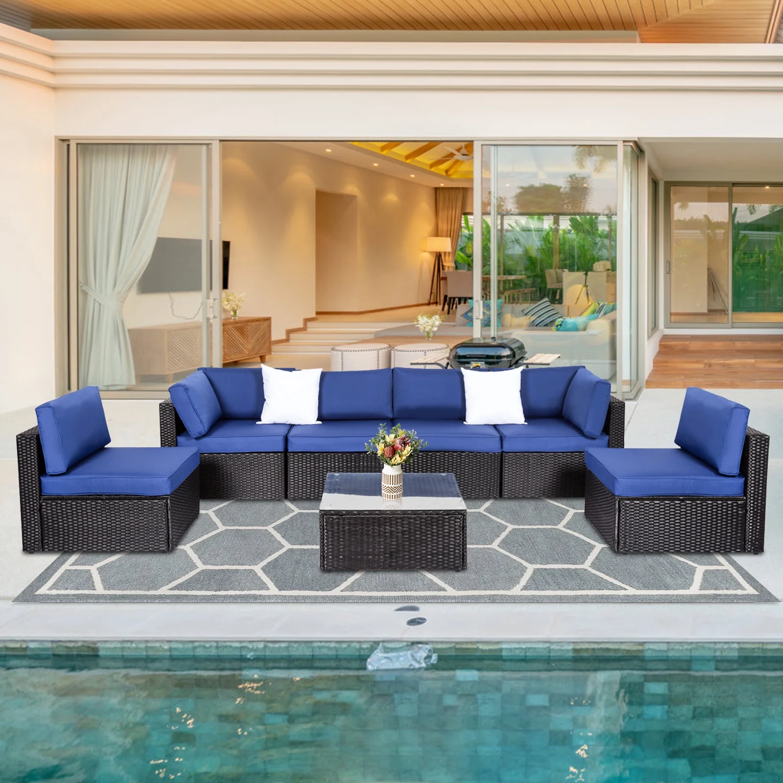Kinbor 7pcs Outdoor Patio Furniture Pe Rattan Wicker Rattan Sofa Sectional Set with Dark Blue Cushions