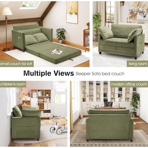 51" Loveseat Sleeper Sofa Bed, Chenille Convertible Floor Sofa Bed for Small Spaces, Folding Couch Bed with Deep Seat, 2 Pillows & Solid Frame