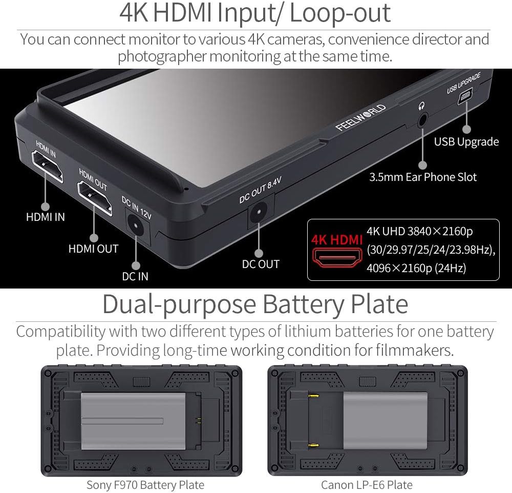 FEELWORLD F5 5 Inch DSLR On Camera Field Monitor Small Full HD 1920x1080 IPS Video Peaking Focus Assist with 4K HDMI 8.4V DC Input Output Include