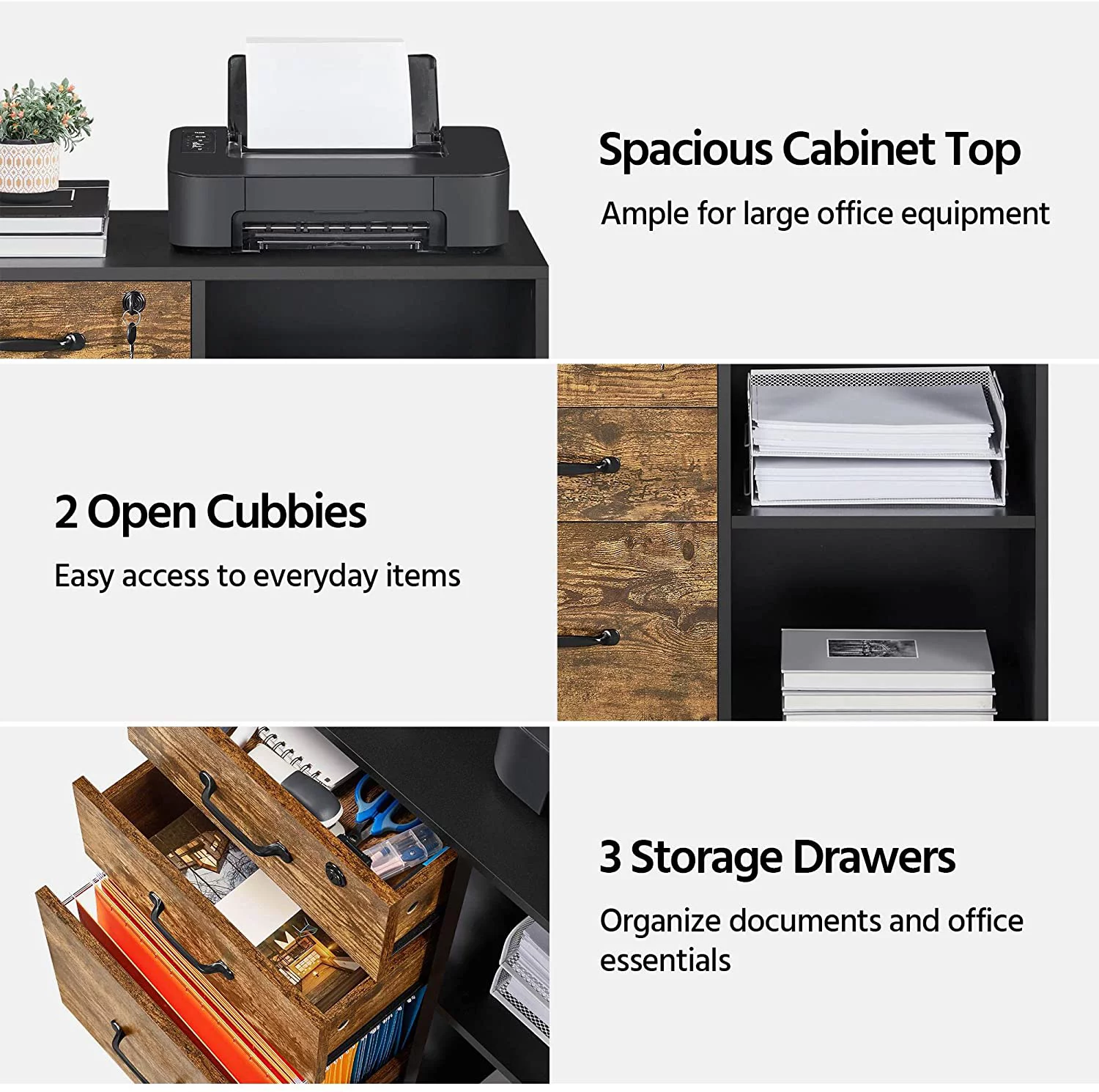 Black File Cabinet with Lock for Letter, A4 Size,3 Drawer Lateral Filing Cabinet Printer Stand with Open Storage Compartments