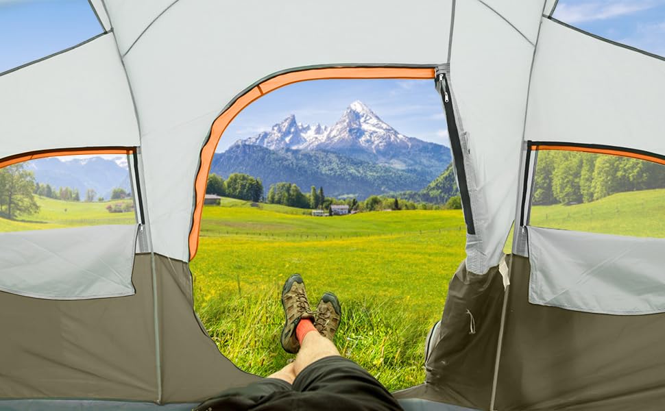 CAMPROS CP Tent 8 Person Camping Tents, Weather Resistant Family Tent, 5 Large Mesh Windows, Double Layer, Divided Curtain for Separated Room