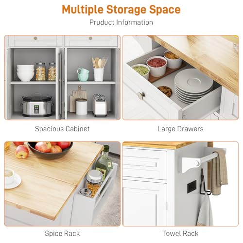 Kitchen Cart with Wood Top and Drop Leaf Breakfast Bar, Rolling Mobile Kitchen Island Table on Wheels with Drawer and Storage Cabinet, Spice Rack