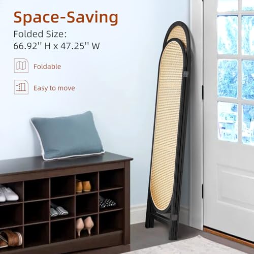 3 Panel Room Dividers and Folding Privacy Screens, Hand-Made Rattan Room Divider with Bi-Directional Hinge