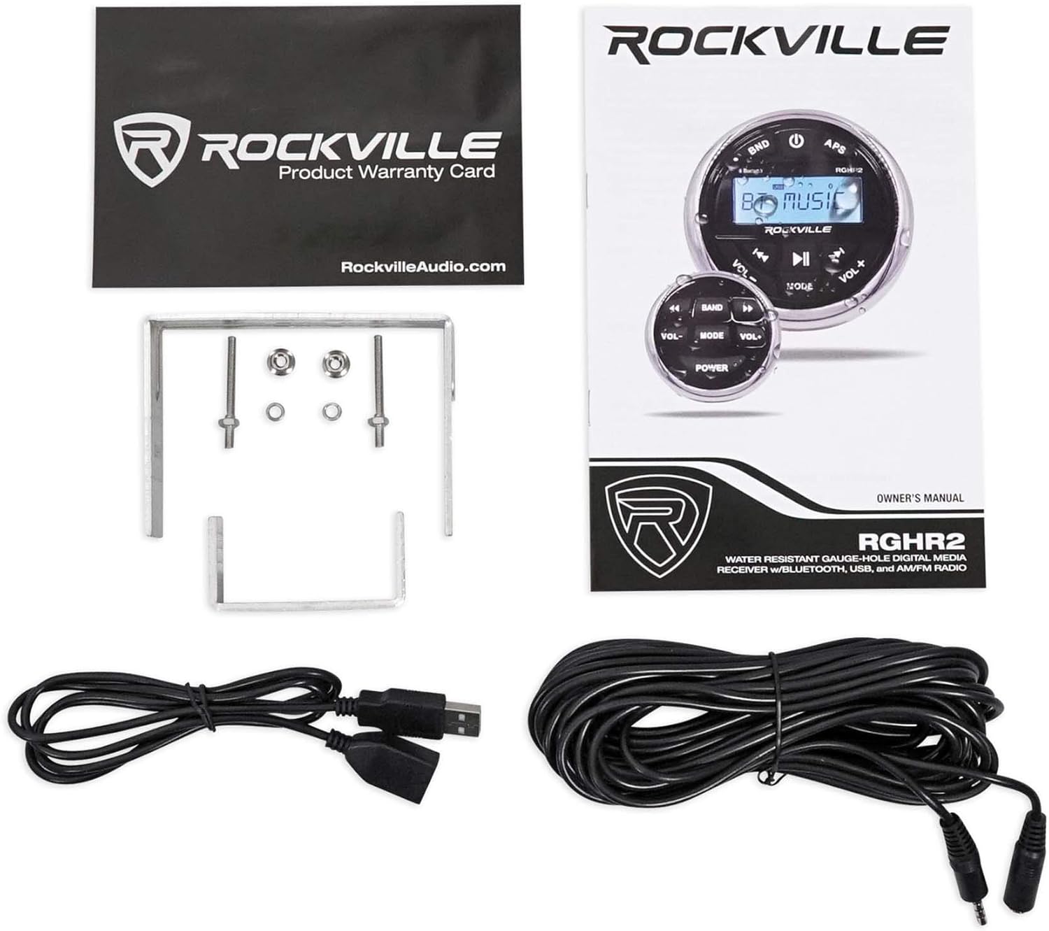 Rockville RGHR2 Marine Gauge Hole Receiver W Bluetooth USB, Radio + Wired Remote