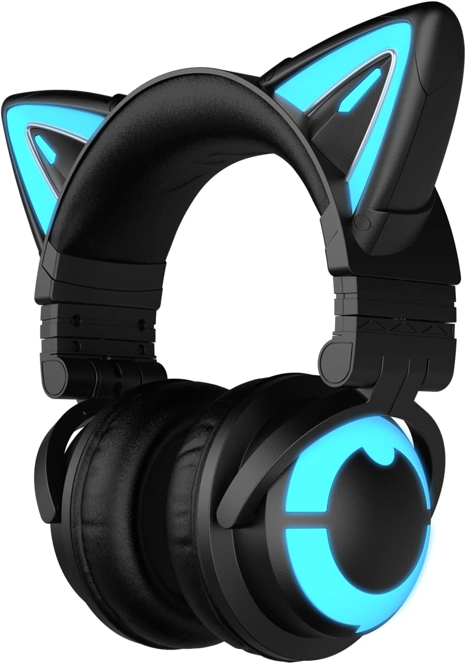 YOWU RGB Cat Ear Headphone 3G Wireless 5.0 Foldable Gaming Headset with 7.1 Surround Sound, Built-in Mic & Customizable Lighting and Effect via APP