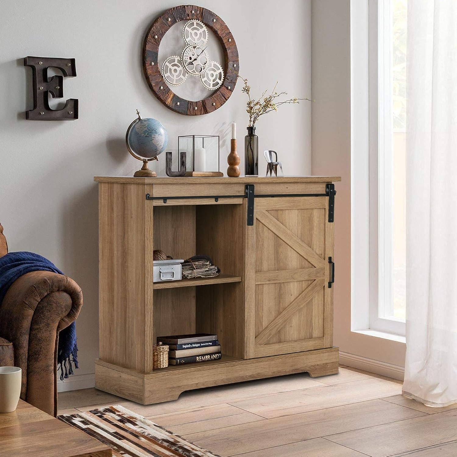 Farmhouse Coffee Bar Cabinet - Sliding Barn Door Kitchen Sideboard Buffet Storage Cabinet
