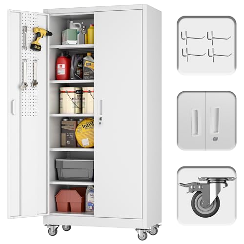 Garage Storage Cabinet with Wheels & Pegboard, 72" H Locking Metal Storage Cabinet with Doors and 4 Adjustable Shelves for Garage Workshop Home