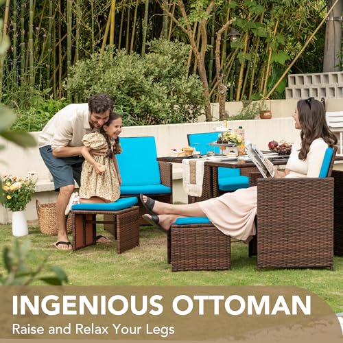 Devoko 9 Pieces Patio Dining Sets Outdoor Space Saving Rattan Chairs with Glass Table Patio Furniture Sets Cushioned Seating and Back Sectional