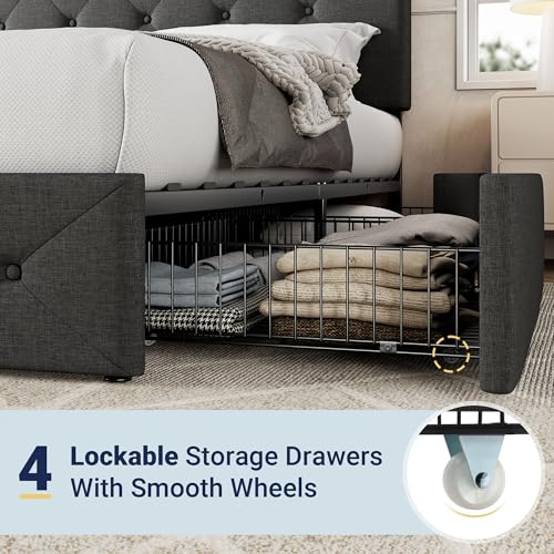 Allewie Upholstered Queen Size Platform Bed Frame with 4 Storage Drawers and Headboard, Square Stitched Button Tufted