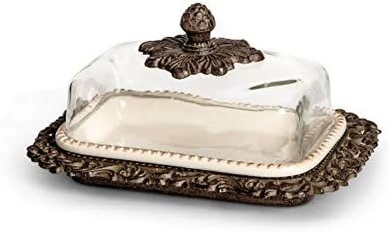 Cream Ceramic Butter Dish With Metal Work In Acanthus Leaf Design