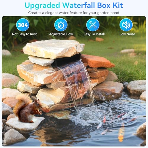 POPOSOAP 24 Inch Pond Waterfall Spillway with 1200GPH Pump, 304 Stainless Steel Waterfall Kit with 9.8FT Corrugated Tube