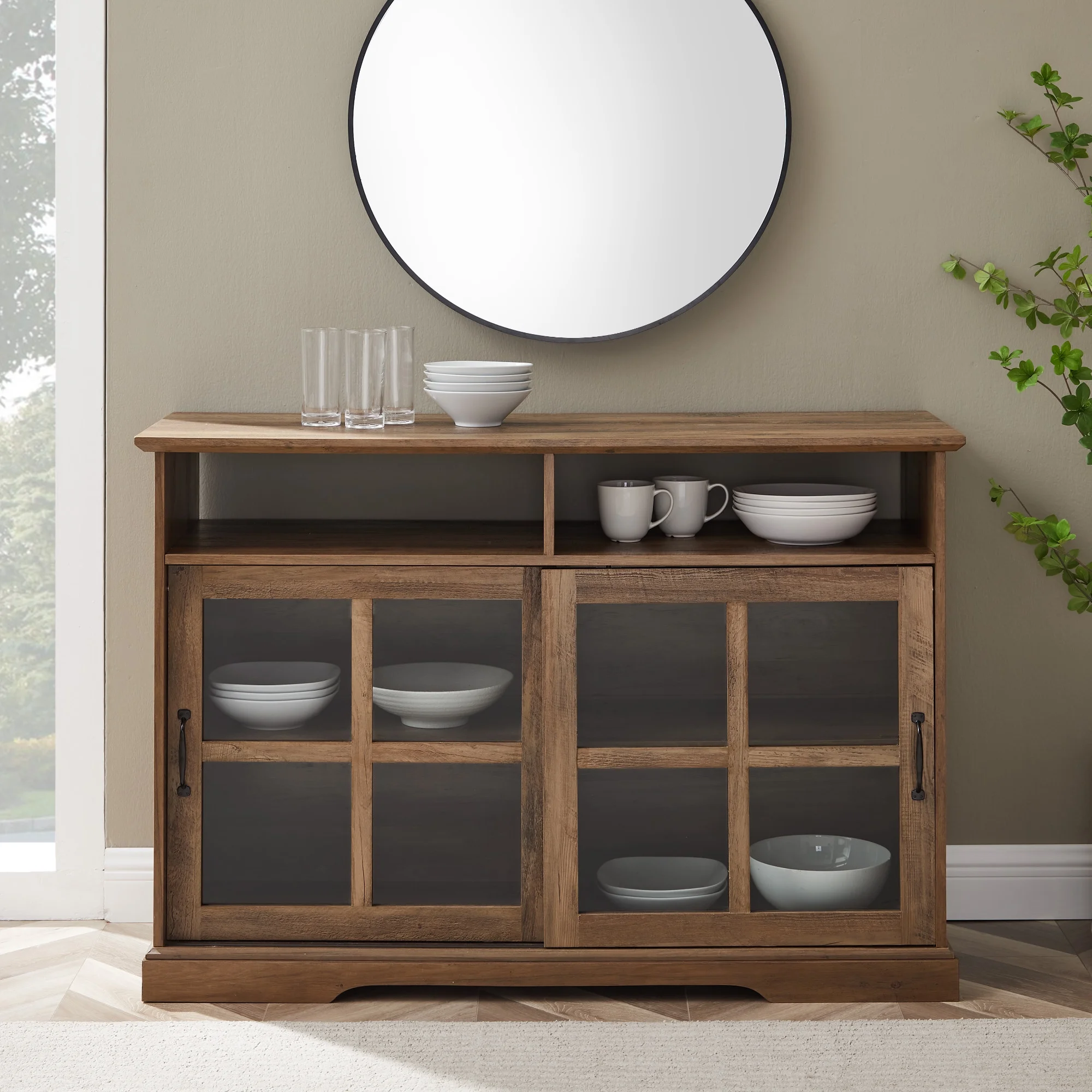 Walker Edison Farmhouse Sliding Glass Door TV Stand, Barnwood