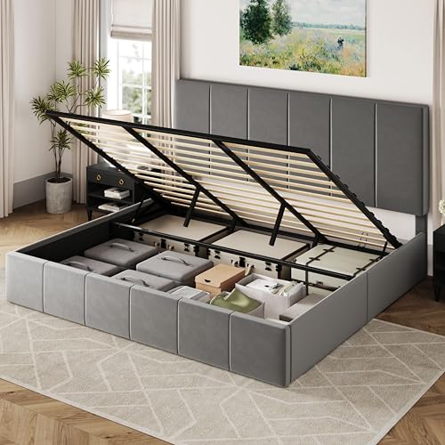 Allewie Queen Size Velvet Lift Up Storage Bed Frame, Vertical Channel Tufted Headboard, Hydrualic Underneath Storage, Upholstered Platform Bed