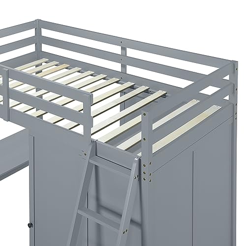Twin Loft Bed with Staircase, Desk and Wardrobe, Wood Loft Bed with Storage Shelves and Safety Guardrail